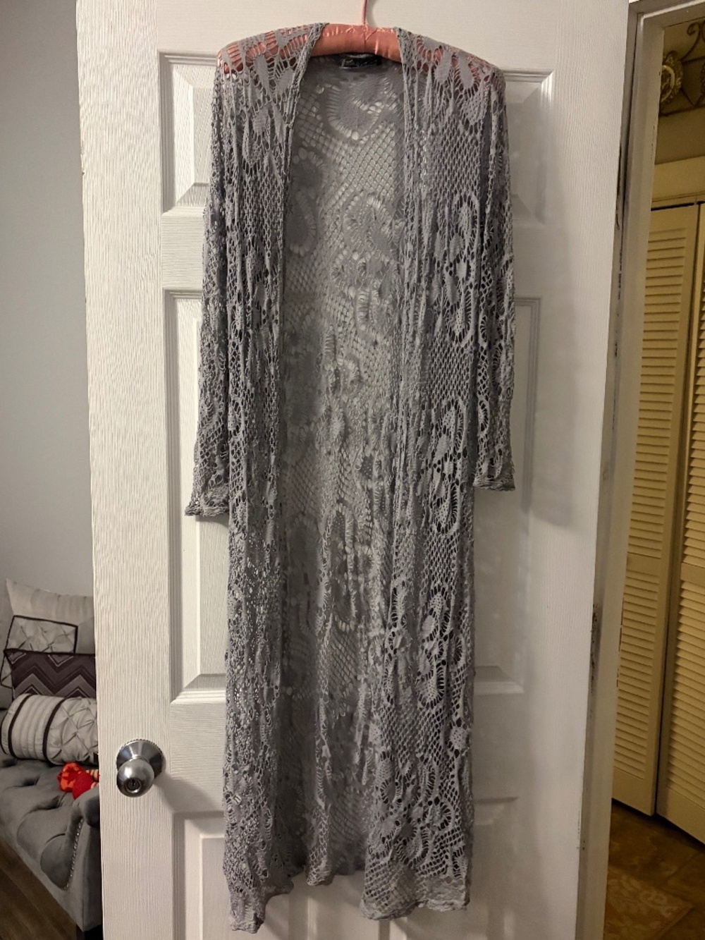 Long Lacey duster cardigan made in Italy Grey swimsuit cover up sz small